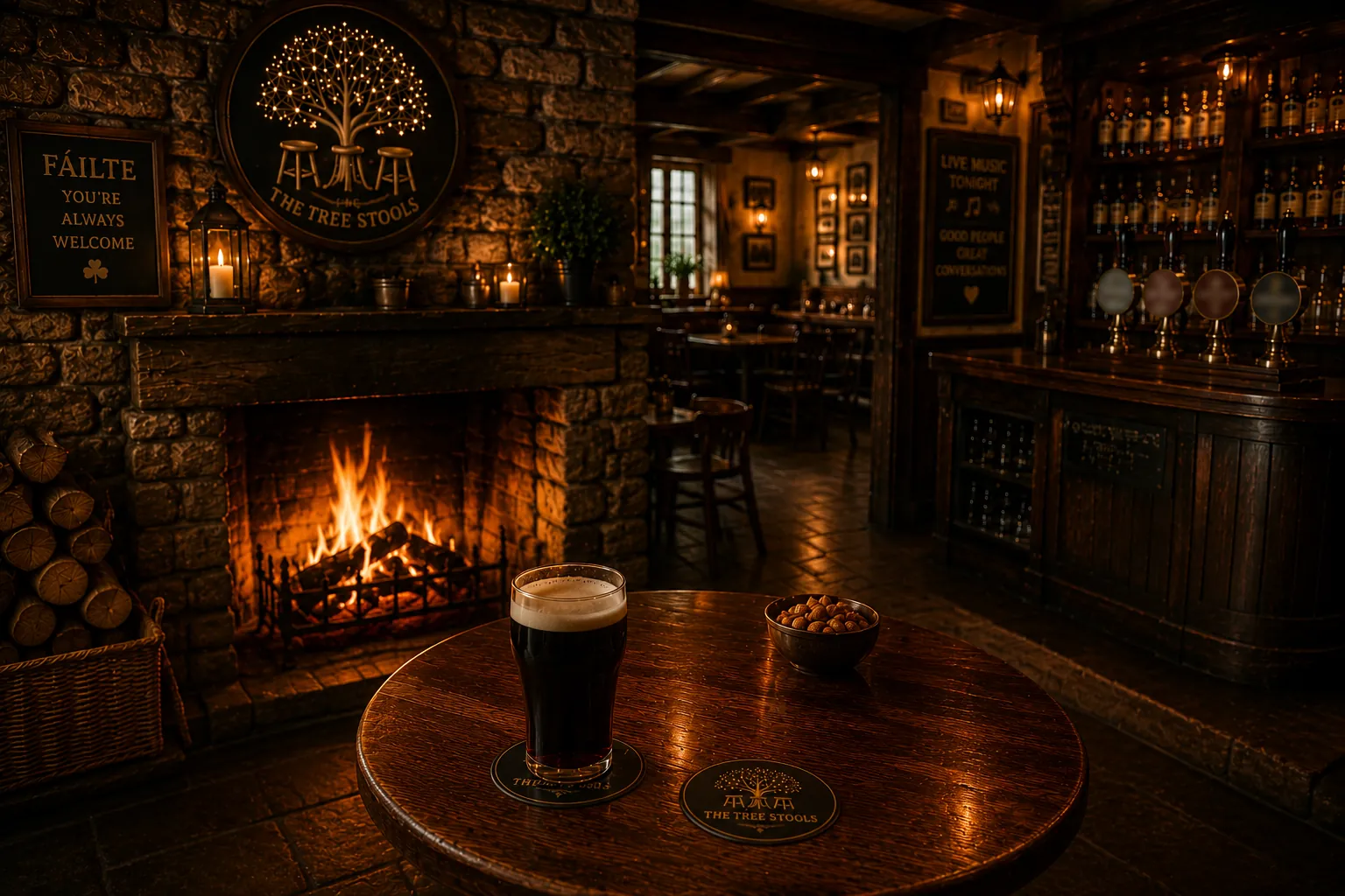 A pint of stout on a wooden table by a glowing fireplace under the Tree Stools sign