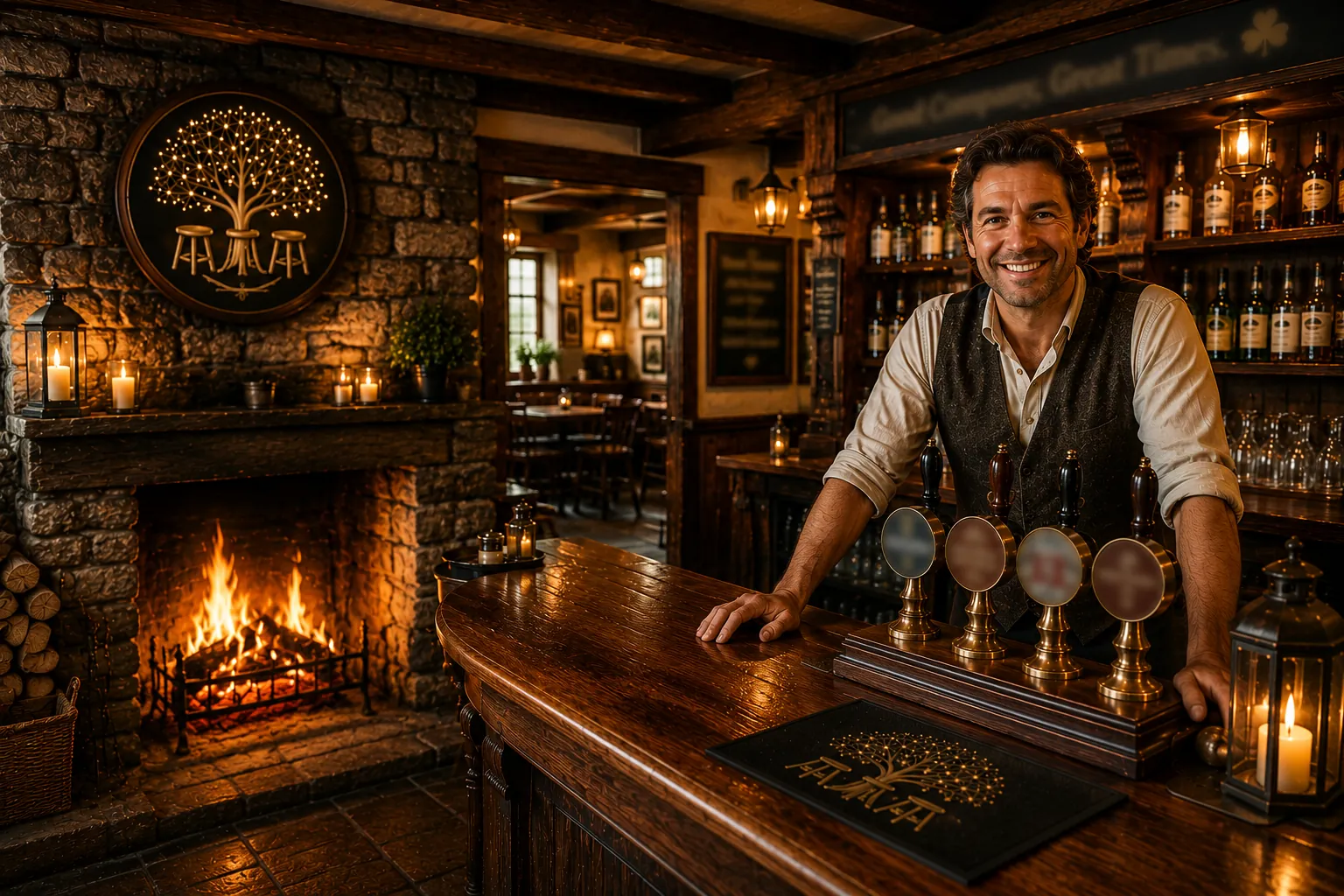 Inside The Tree Stools — a stone hearth, brass taps and a smiling Irish barman behind the wooden bar